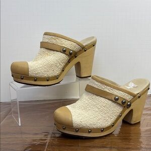 UGG Tan and Cream Mules with Chunky Heel